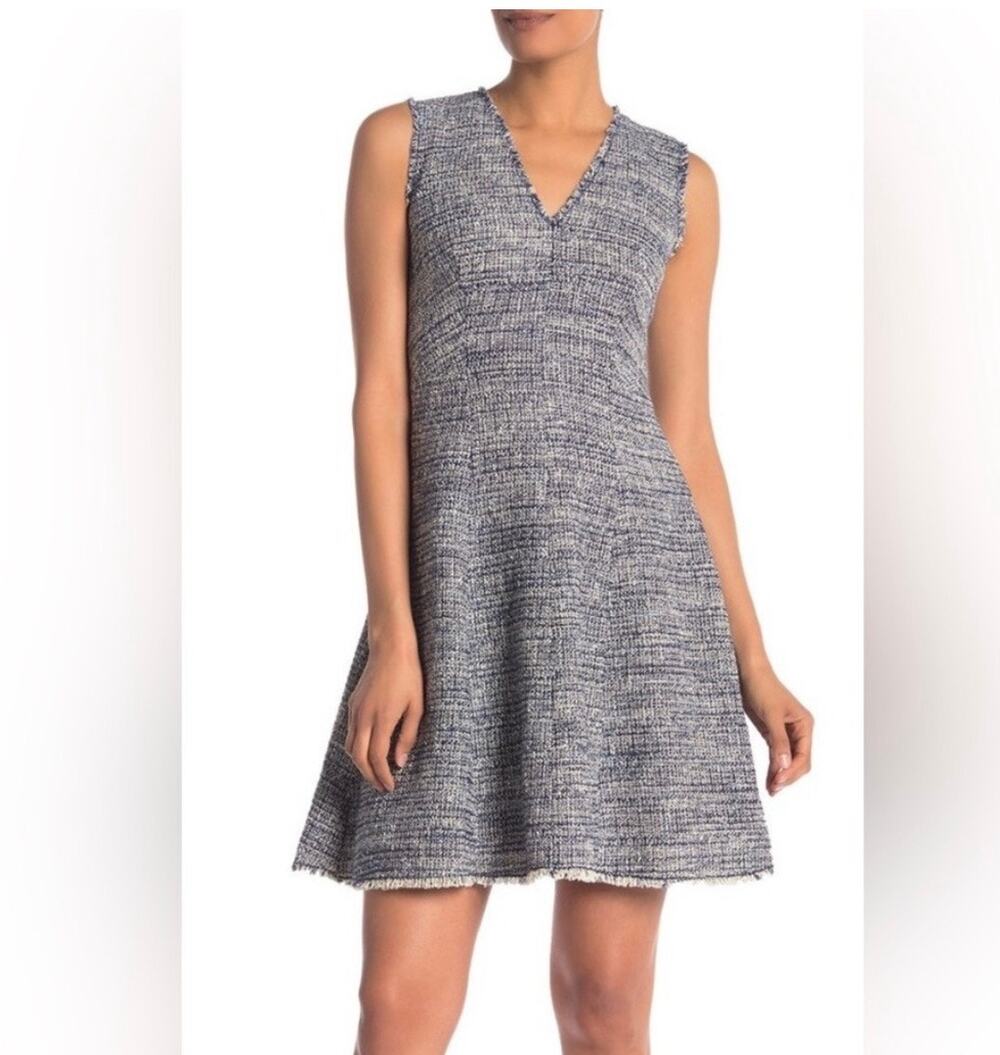 Rebecca Taylor Tweed V-Neck Fit n Flare Dress in Navy - Size 2